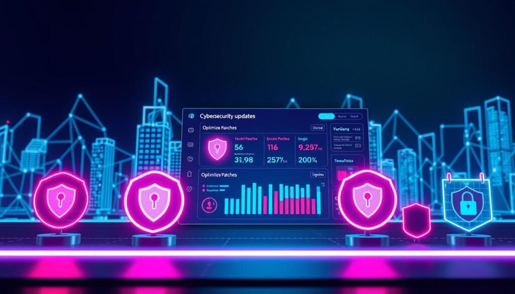 Cybersecurity software updates depicted in a sleek, futuristic interface. In the foreground, various software icons pulsate with a vibrant, neon-like glow, indicating active updates. The middle ground showcases a stylized dashboard displaying version numbers, security patches, and optimization metrics. The background features a wire-frame cityscape, bathed in a cool, cyan-tinted lighting, evoking a sense of technological prowess and digital security. The overall scene conveys a seamless, cutting-edge experience of keeping your cybersecurity software up-to-date and your online presence protected.